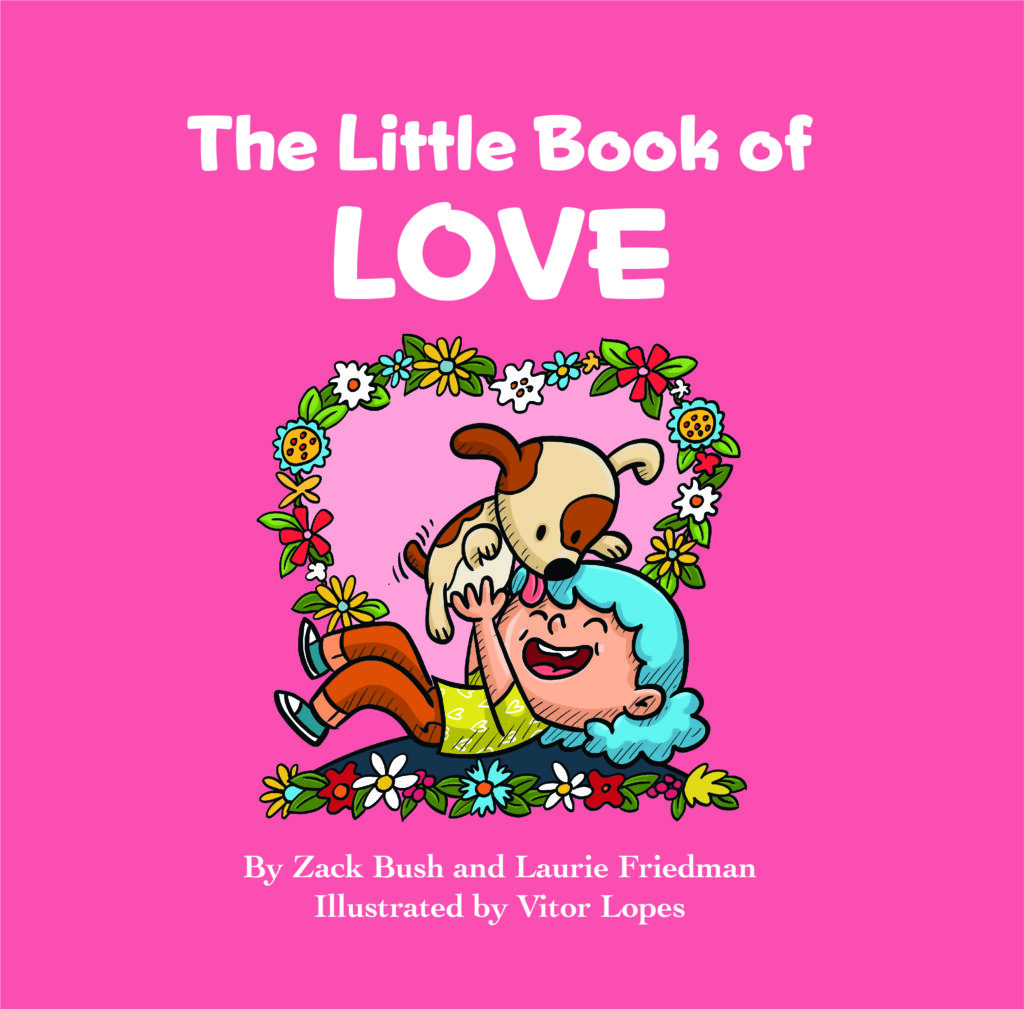 Cartoon of a boy playing with a dog in a heart shaped border of flowers for The Little Book of Love cover art