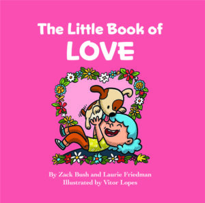 Cartoon of a boy playing with a dog in a heart shaped border of flowers for The Little Book of Love cover art