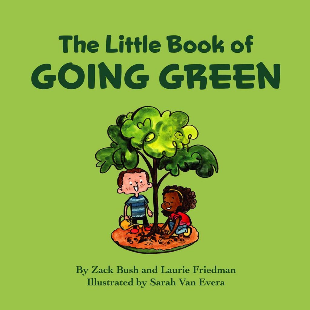 Illustration of two children planting a tree on the cover of The Little Book of Going Green