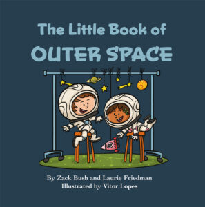 Illustration of two children in space suits playing on a playground as the cover of The Little Book of Outer Space