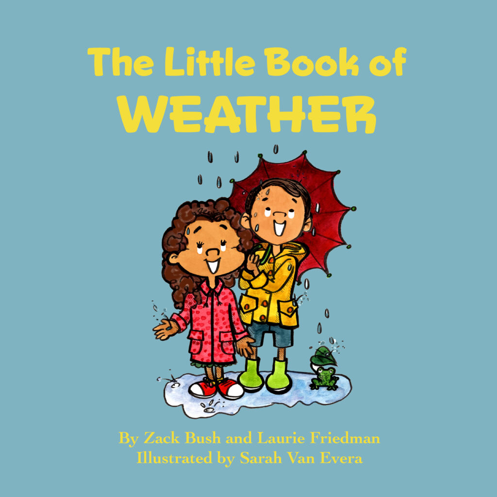 Cover art for The Little Book of Weather with two smiling children standing under an umbrella