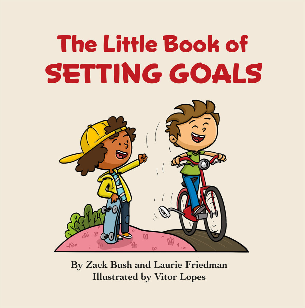 Two children learning to ride a bike on the cover of The Little Book of Setting Goals