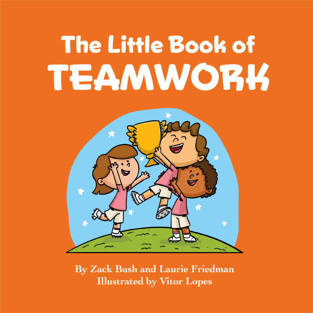 Kids working together on the cover of the little book of teamwork holding a trophy
