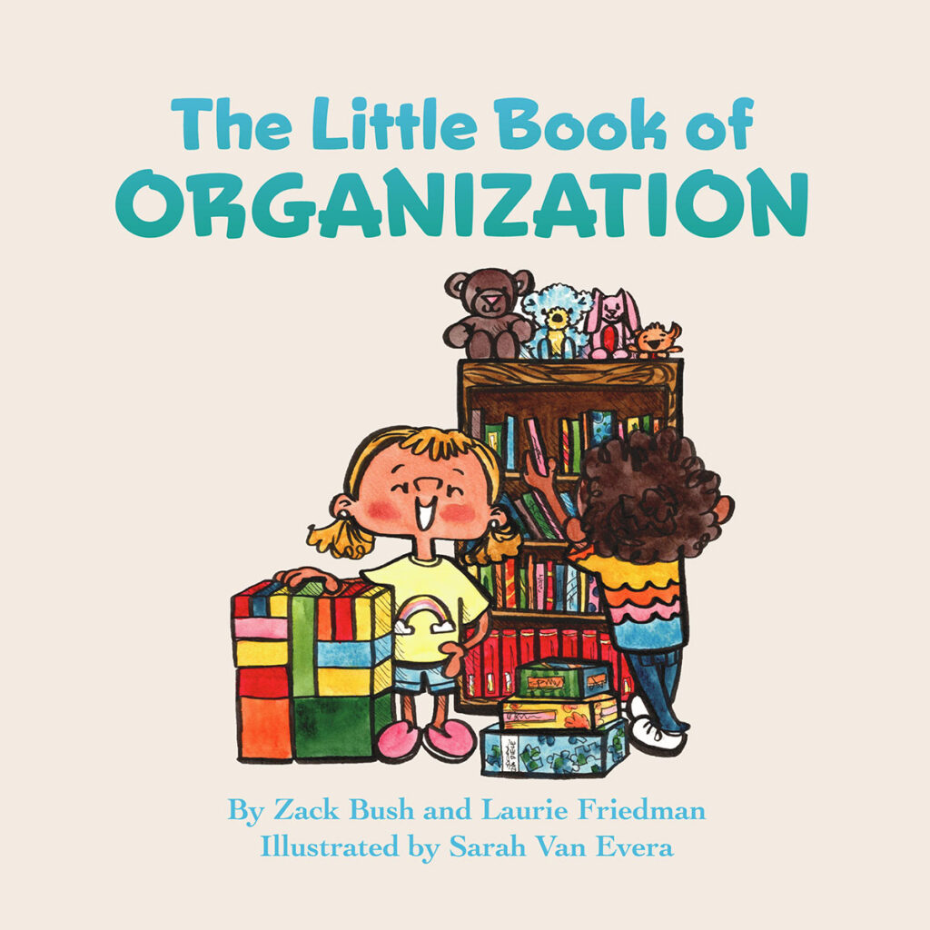 Children cleaning up books and toys on the cover of The Little Book of Organization