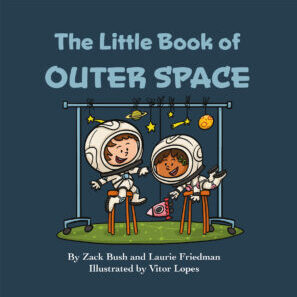 Illustration of two children in space suits playing on a playground as the cover of The Little Book of Outer Space